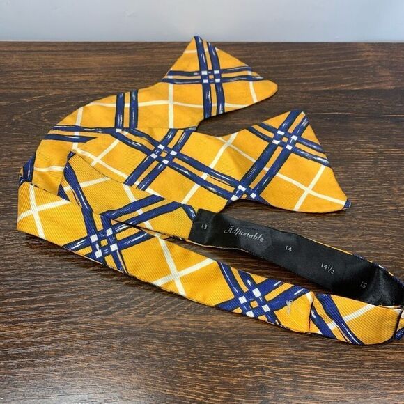 Vintage Men's Plaid Yellow & Blue Plaid Pattern Bow Tie Adjustable - Picture 1 of 4